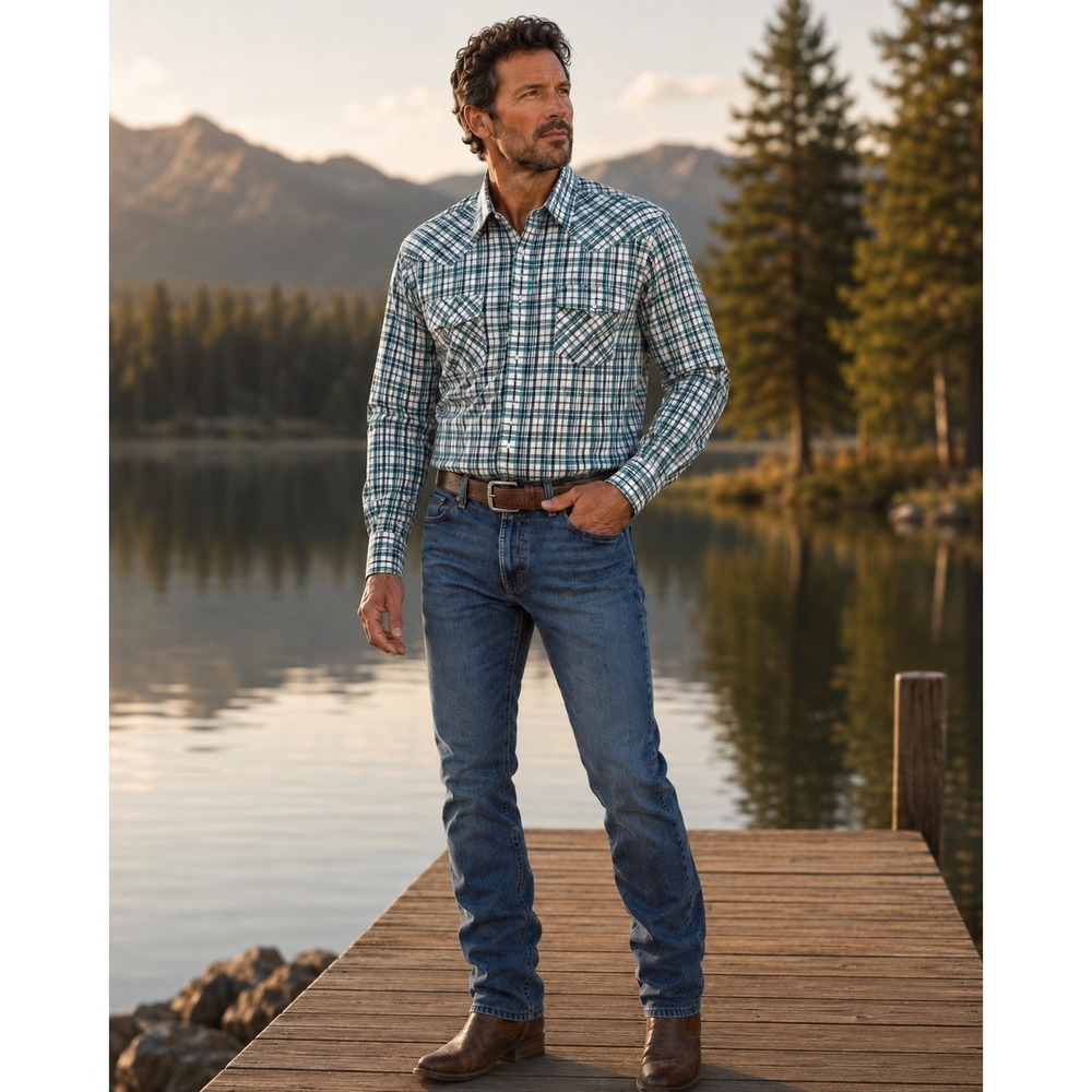 Wrangler Western Shirt Mens Large Pearl Snap Teal Plaid Stretch Cowboy